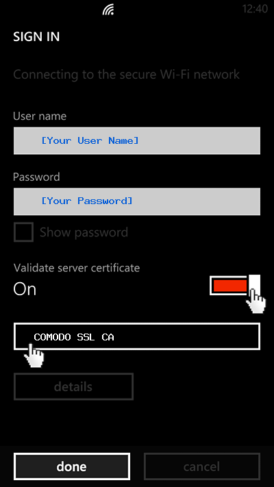 Sample image showing how to enter a user name and password in to the wifi dialog