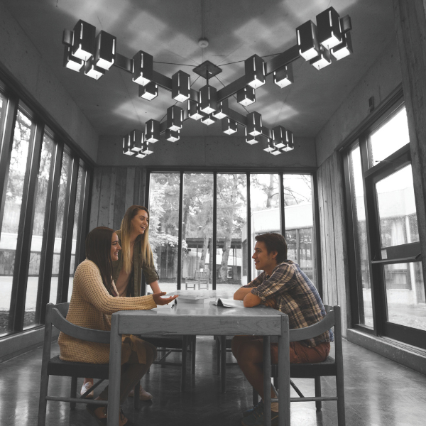 Students talking at a table