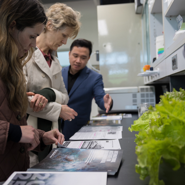 A professor reviews materials with other leaders