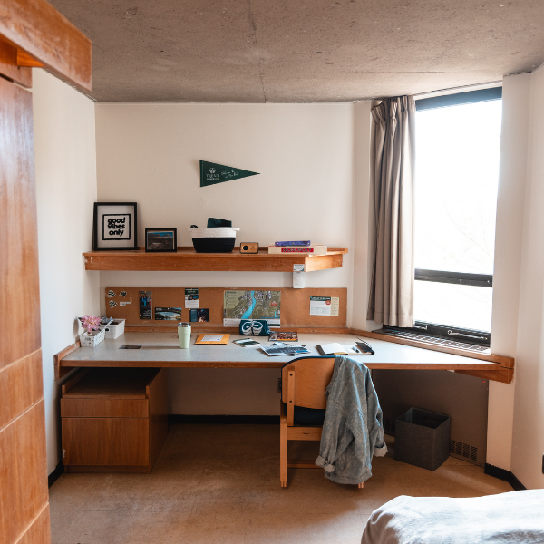 A desk in a dormroom