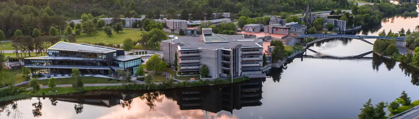 Student centre, Bata Library, the river and bridge pictured from up high