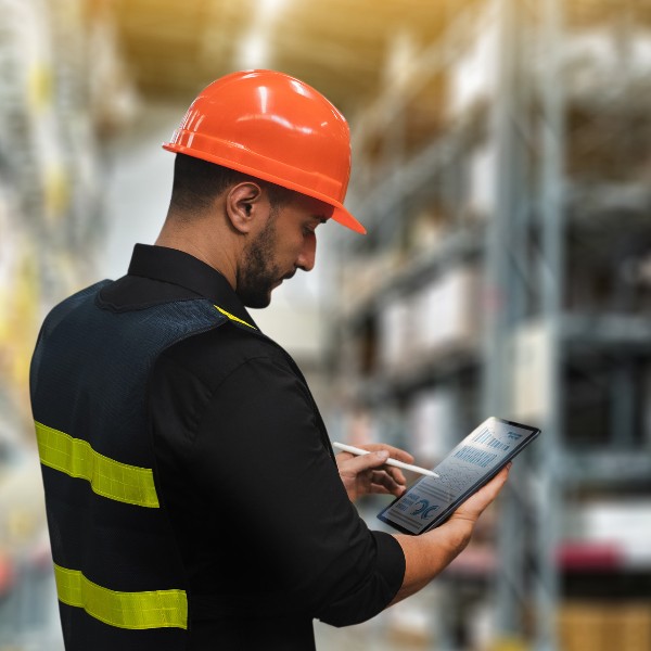 A warehouse worker in safety gear using a tablet in a warehouse.