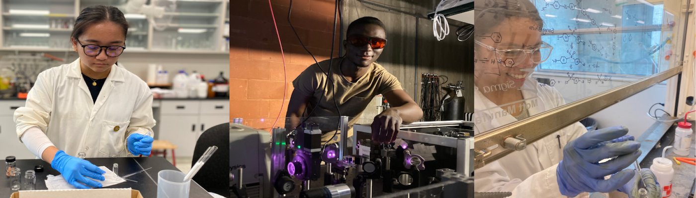 3 images of materials science students working in both physics laser lab and chemistry lab