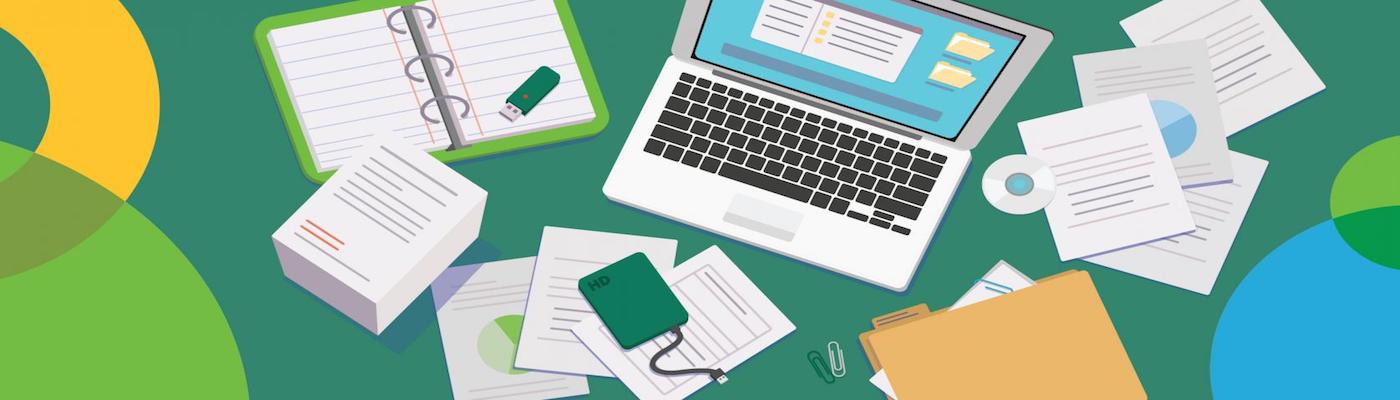 clip art of office supplied including laptop, papers, cell phone, and folders