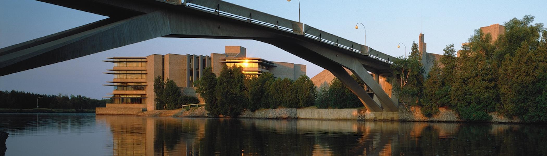 View of the Bata Library and the Bridge from East Bank Trent University