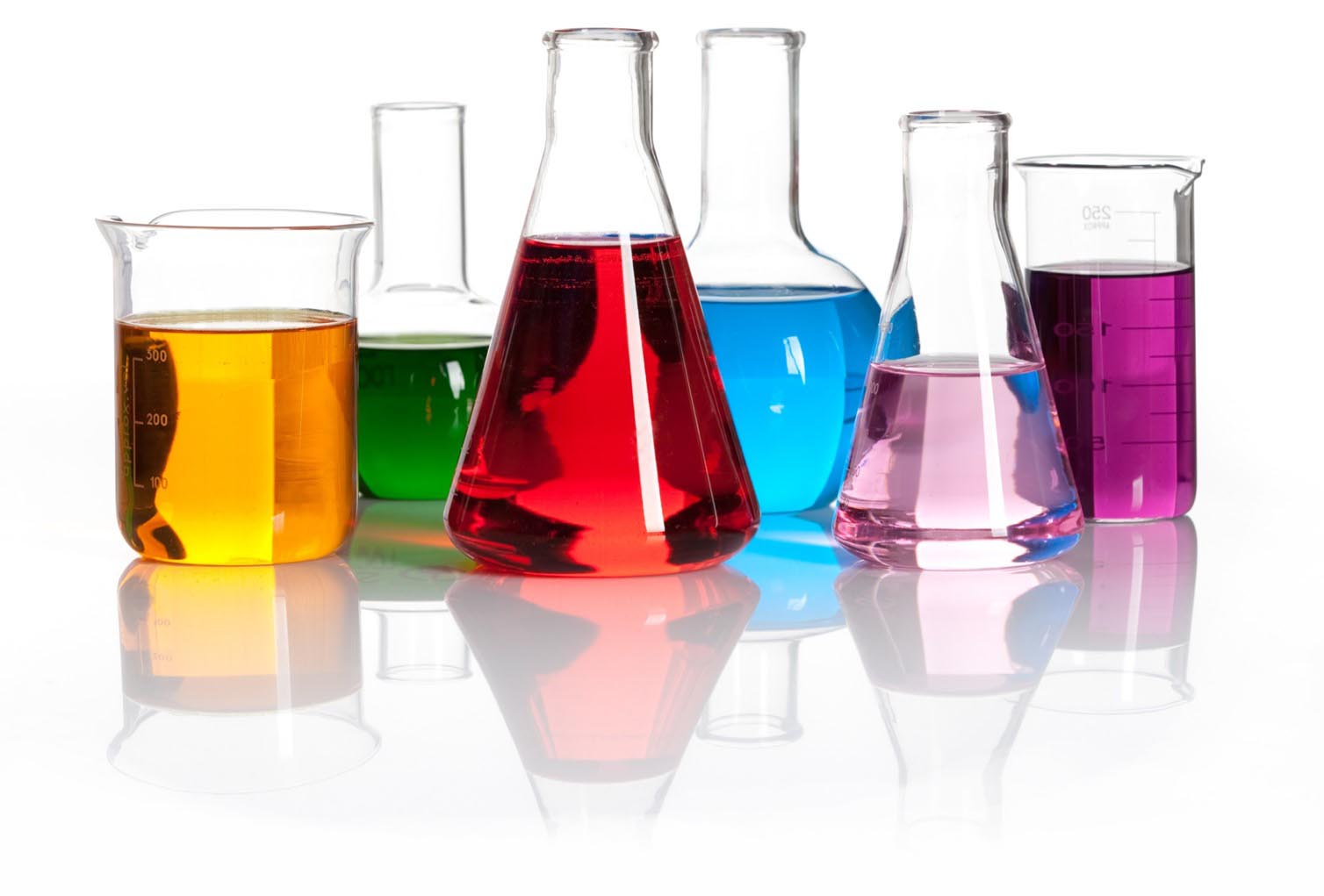 A number of beakers filled with liquids