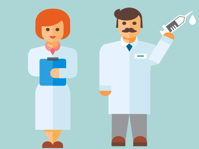 two doctors standing, one with a needle in hand