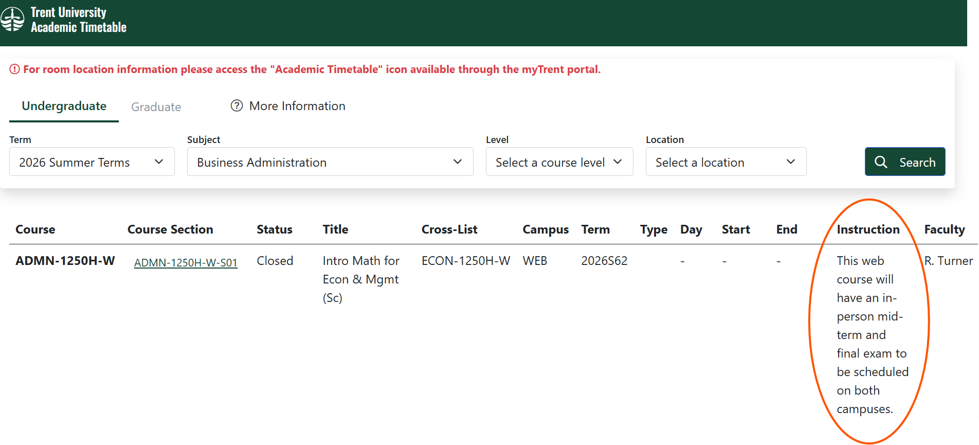 Screenshot of the 2026 Summer Timetable showing that ADMN-1250H has in-person mid-term and final exam.