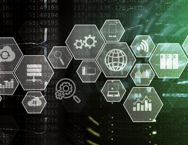 Image of symbols related to infrastructure such as gears and charts on a dark background