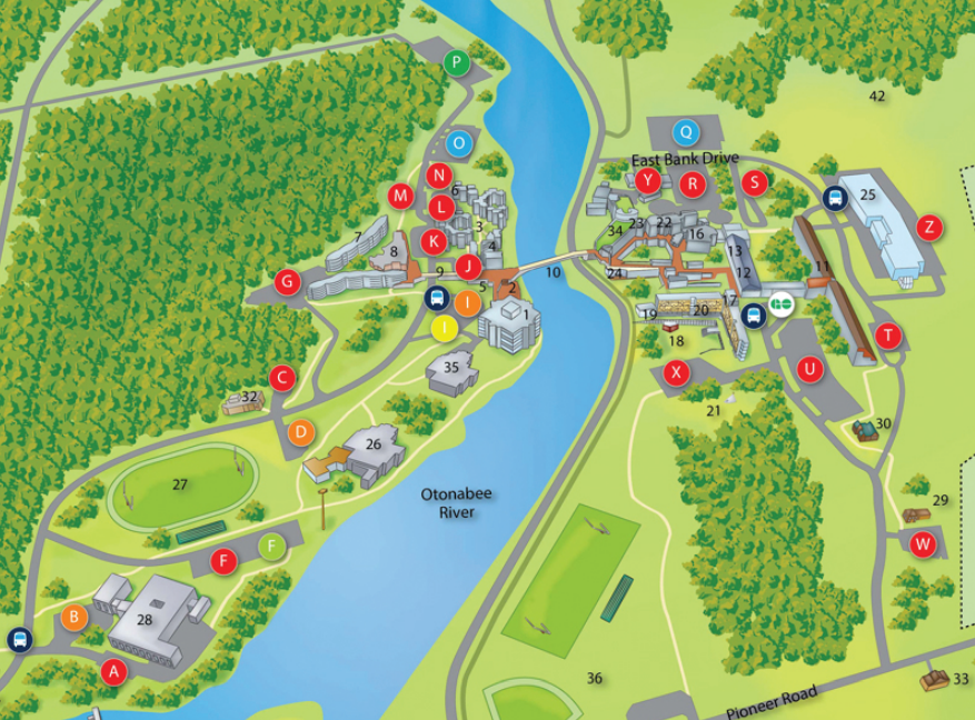 Map of Trent University Peterborough campus with some locations noted by letters and symbols