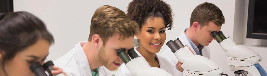 A group of medical researchers using microscopes