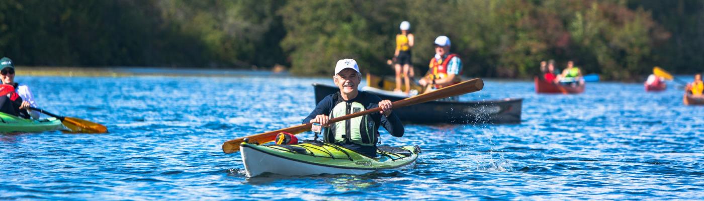 President Leo Groarke kayaking on the Otonabee River