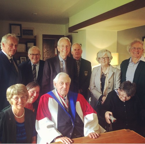 Tom Symons with Trent's first graduate class at a convocation event.