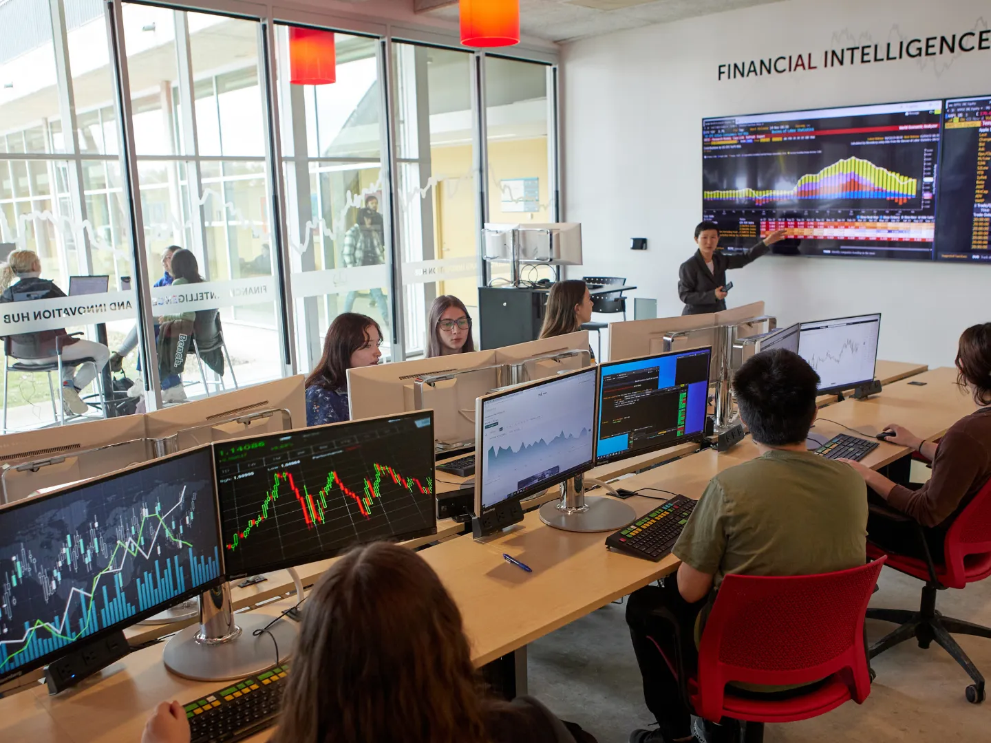 Students working in Trent's Financial Intelligence & Innovation Hub.