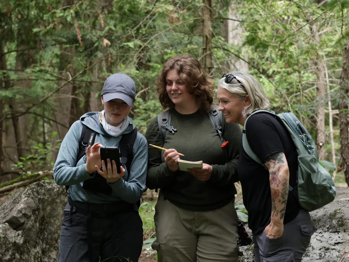 Students doing GIS in forest.