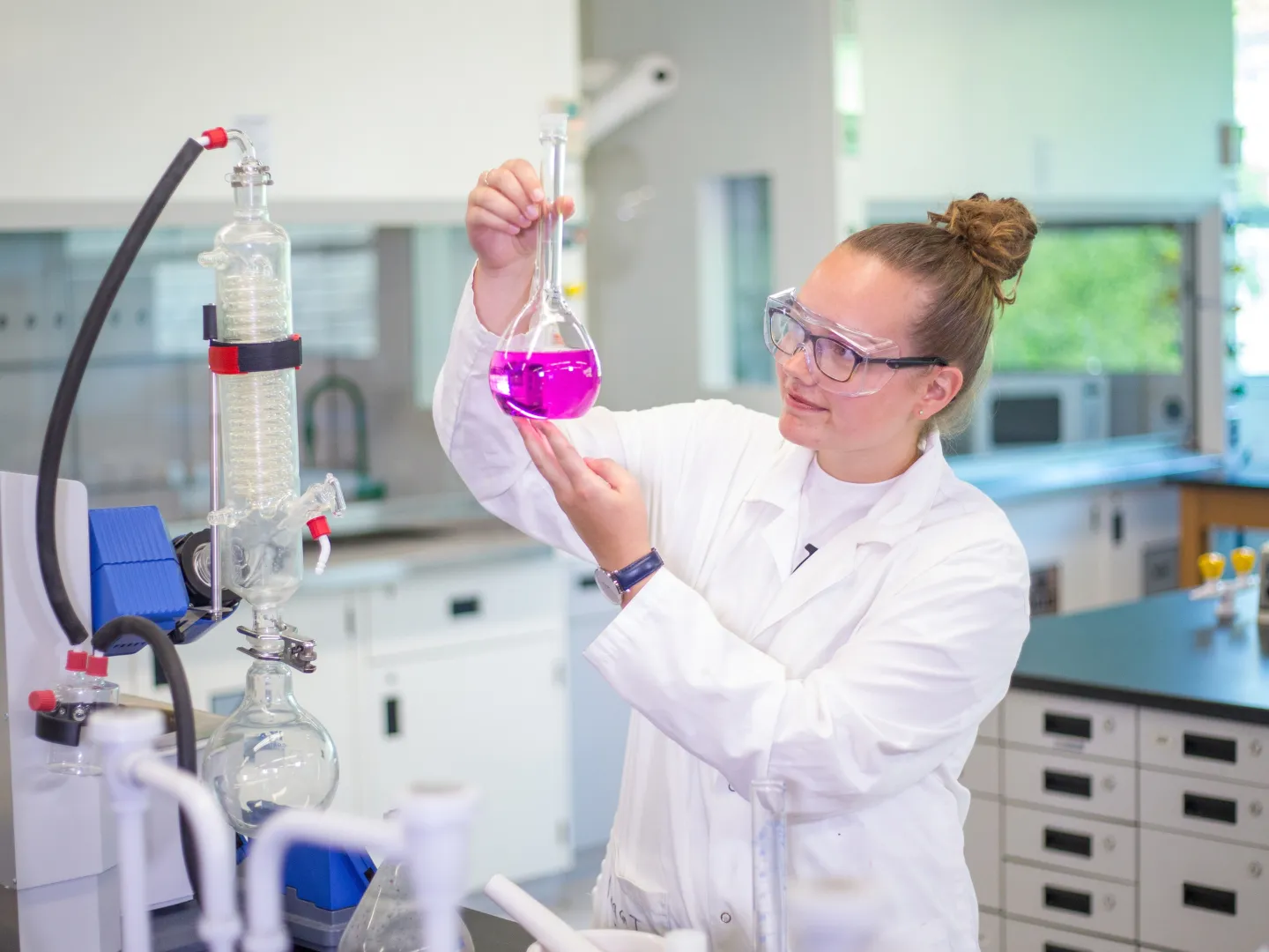 Student looking at chemicals in lab.