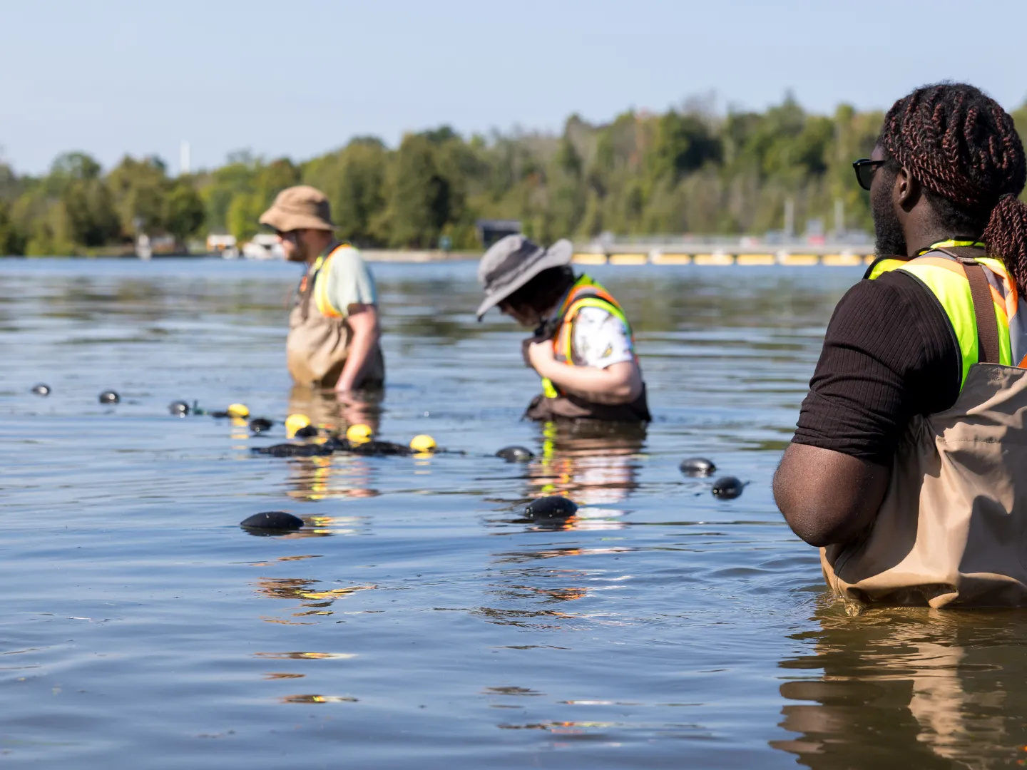 Student getting sample in river.