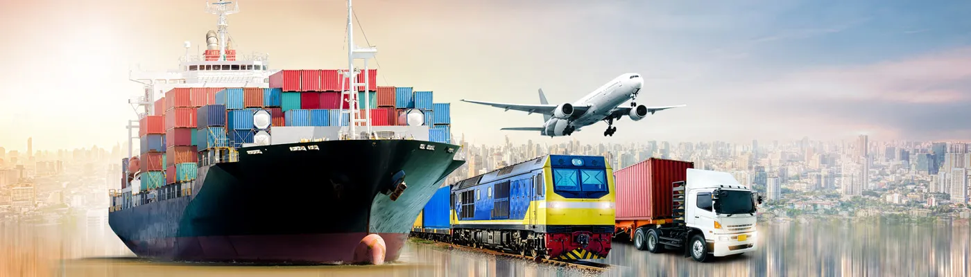 Cargo ship, train, transport truck, airplane indicating various methods of transport. 