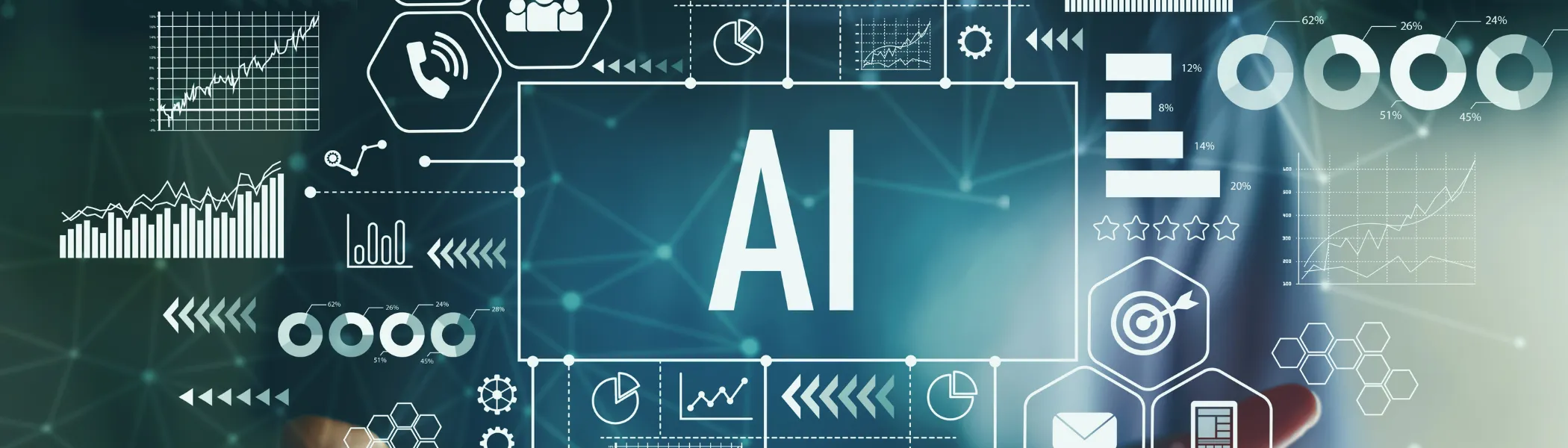Artificial intelligence hologram of digital aspects being held up by hand