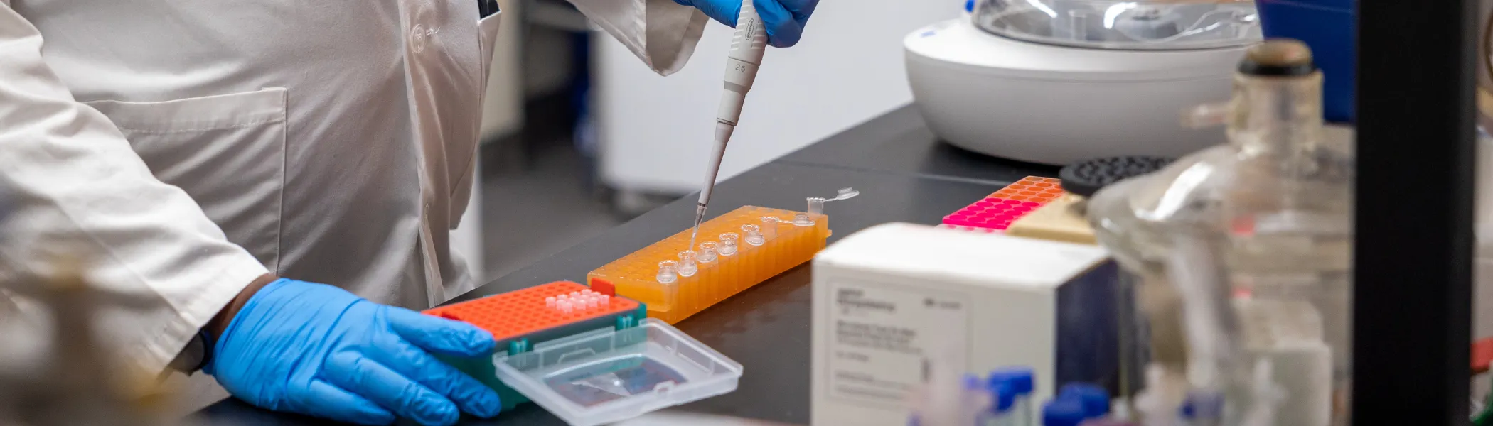 Researcher using tools in biology lab.