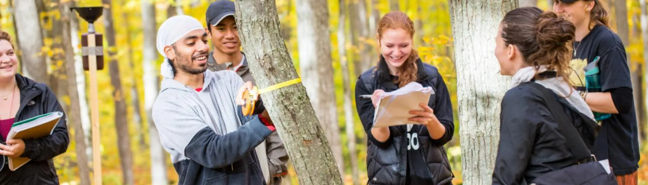 Trent University in a forest, surveying tress for a lab.