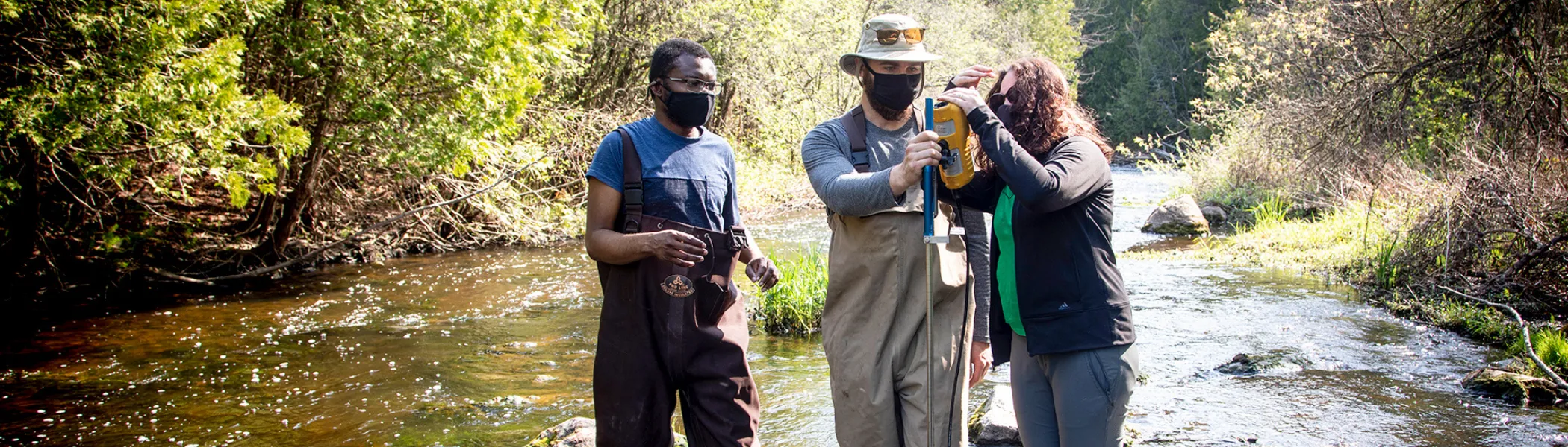 Trent University professor and students in a river, surveying the water.