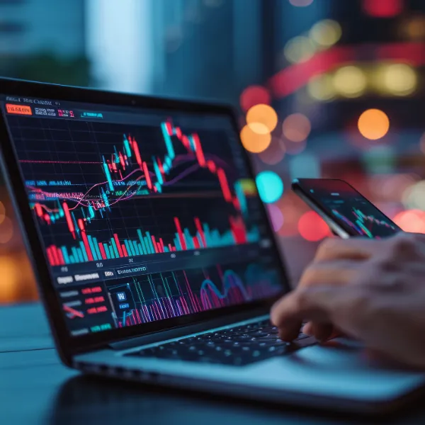 Hands with mobile phone and computer screens with trading candlestick charts.