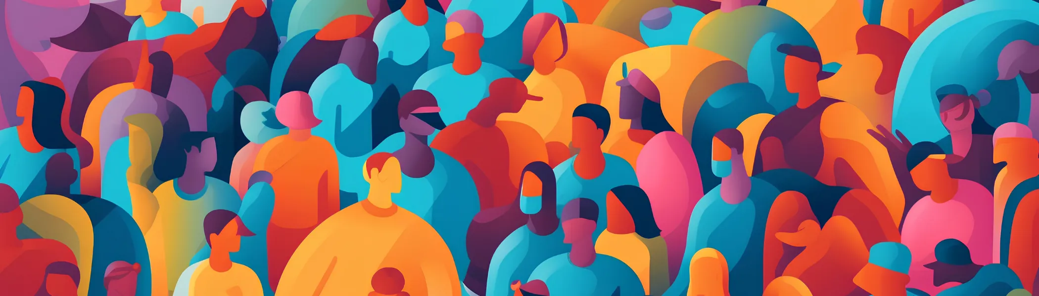Stylized, colourful, illustration of an abstract crowd, symbolizing diversity and inclusion in society. Importance of individual differences and promoting equal opportunities within communities. Generative AI