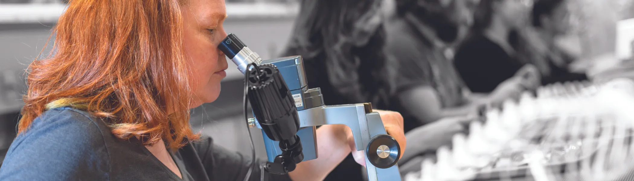 Graduate studies Anthropology student looking through a microscope.