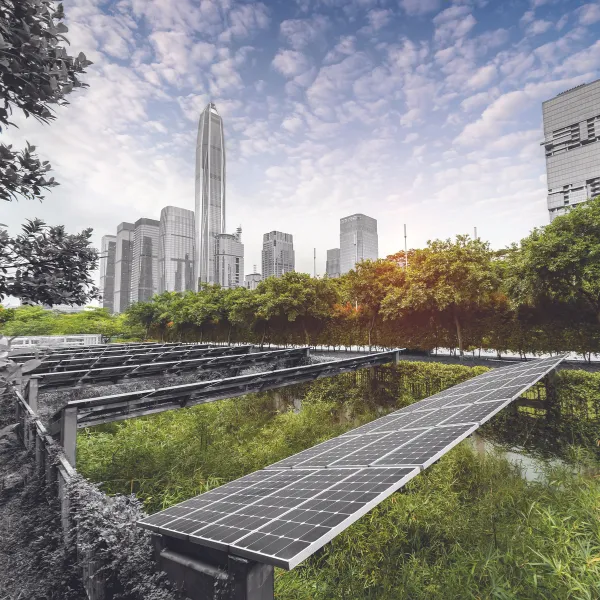 Solar panels in a city, surrounded by nature.
