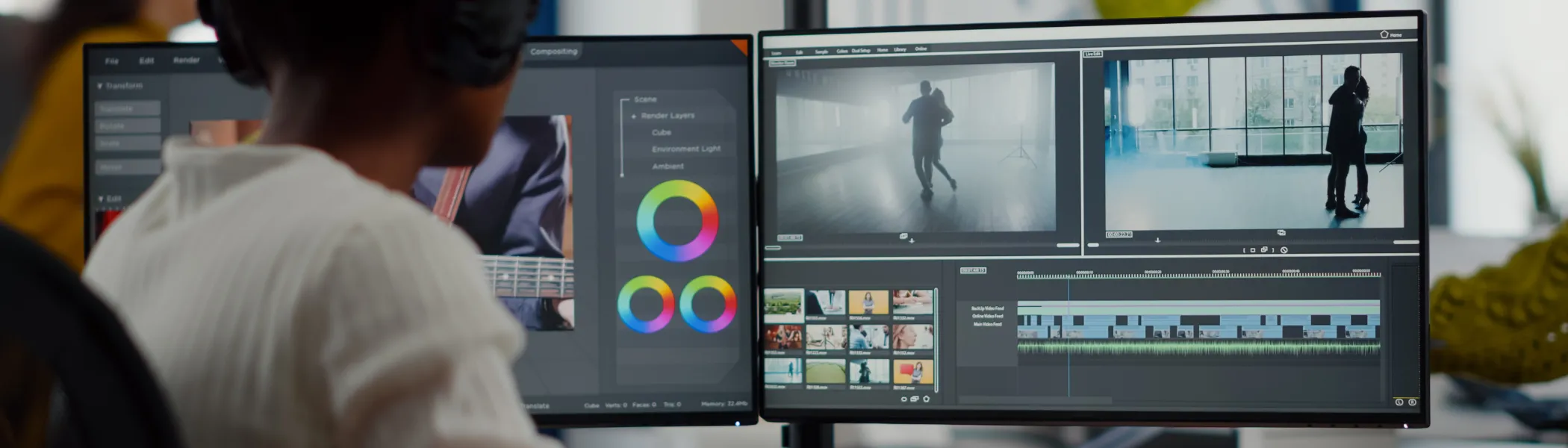 A video editor working with footage and sound, editing new project by cutting film into montage.