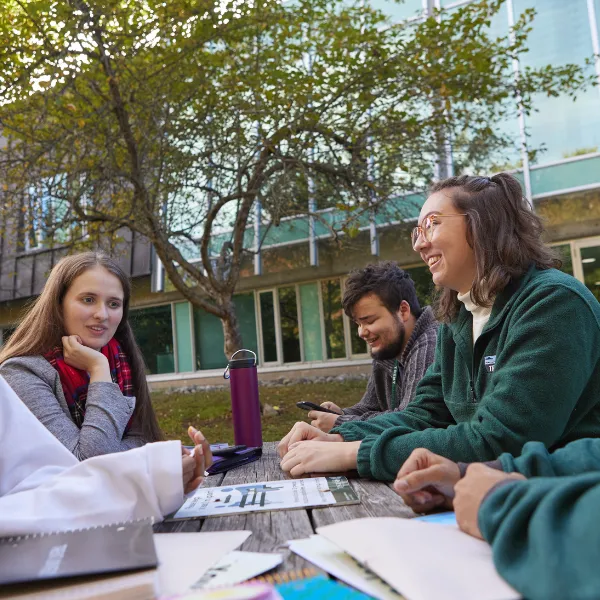 Trent University students sitting on a beach, studying and talking.