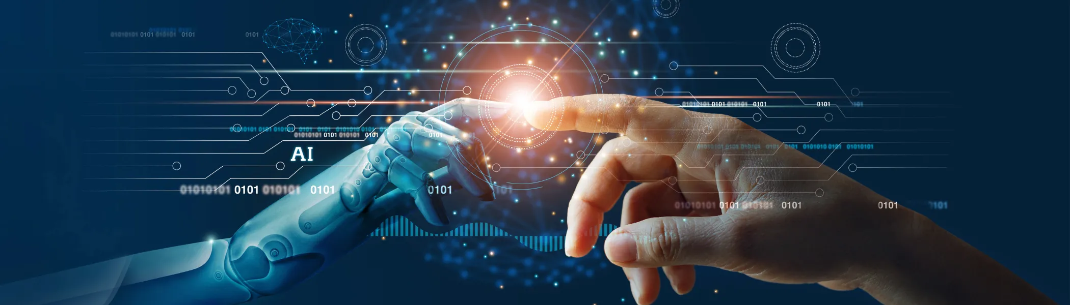 Hands of robot and human touching on big data network connection background, Science and artificial intelligence technology, innovation and futuristic.