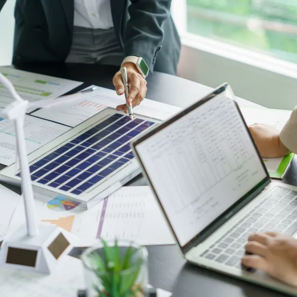 Business people working in green eco friendly office meeting creative ideas for sustainable product.