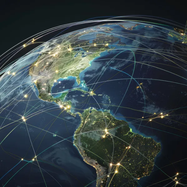 Conceptual illustration of the earth at night with glowing network lines connecting different continents and global migration, the vibrant lights showcase the bustling activity across regions.