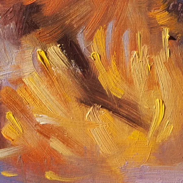 Yellow painting of abstract flower with thick paint brush strokes.