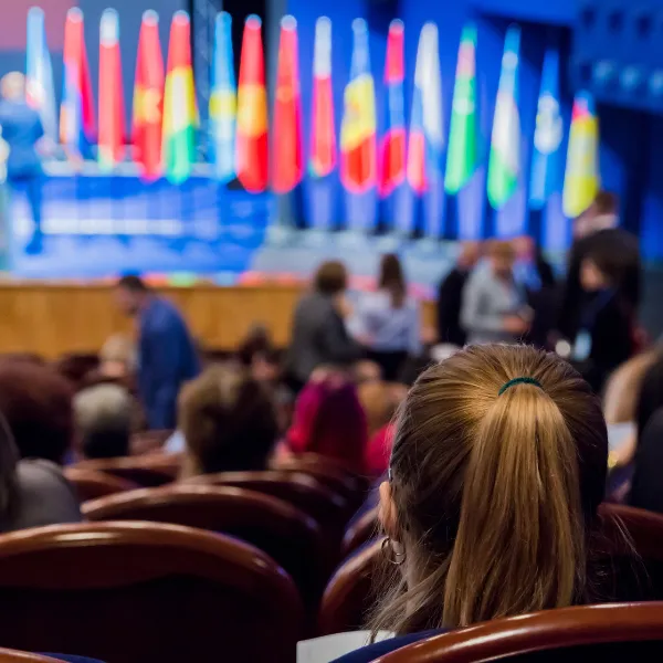 Defocused image, of people in the auditorium at conference, with flags of different countries on stage.
