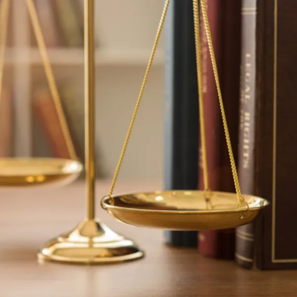 Scales of justice on law books in library.