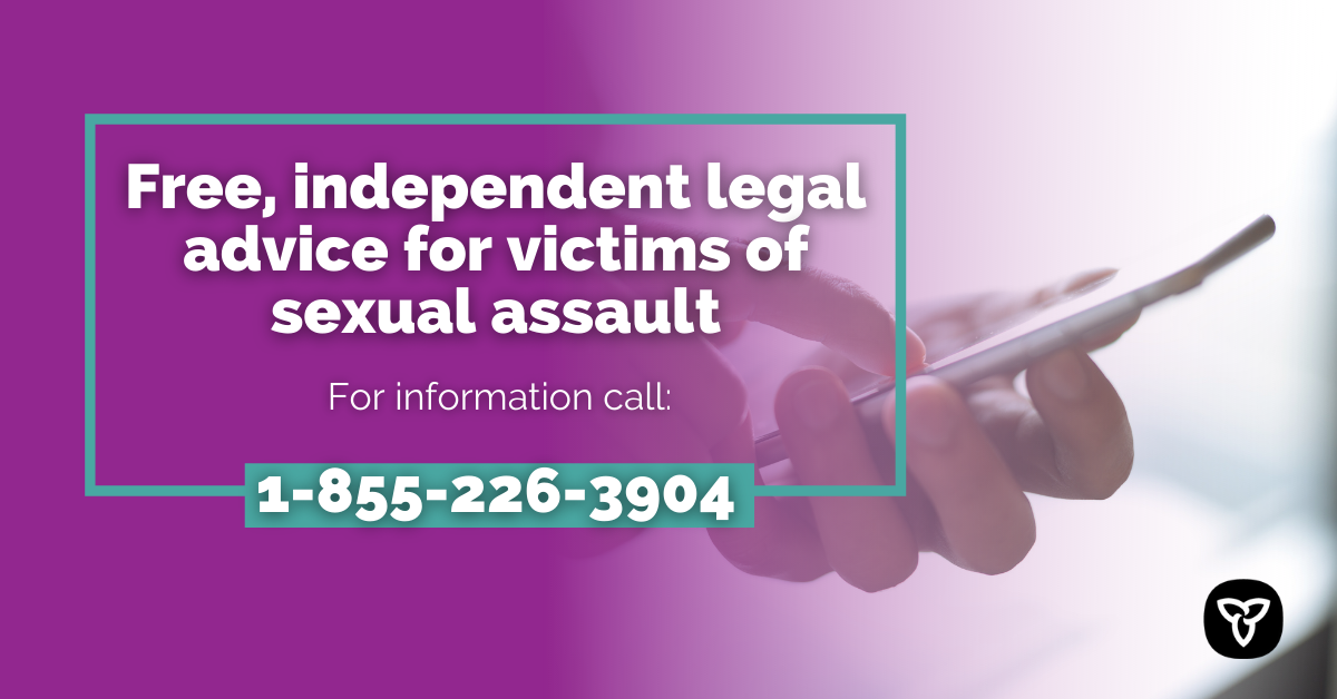 purple background, text reads: free independent legal advice for victims of sexual assault. for information call: 1-855-226-3904