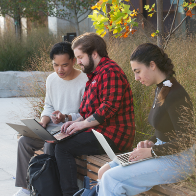 Three students sitting outside working on laptops