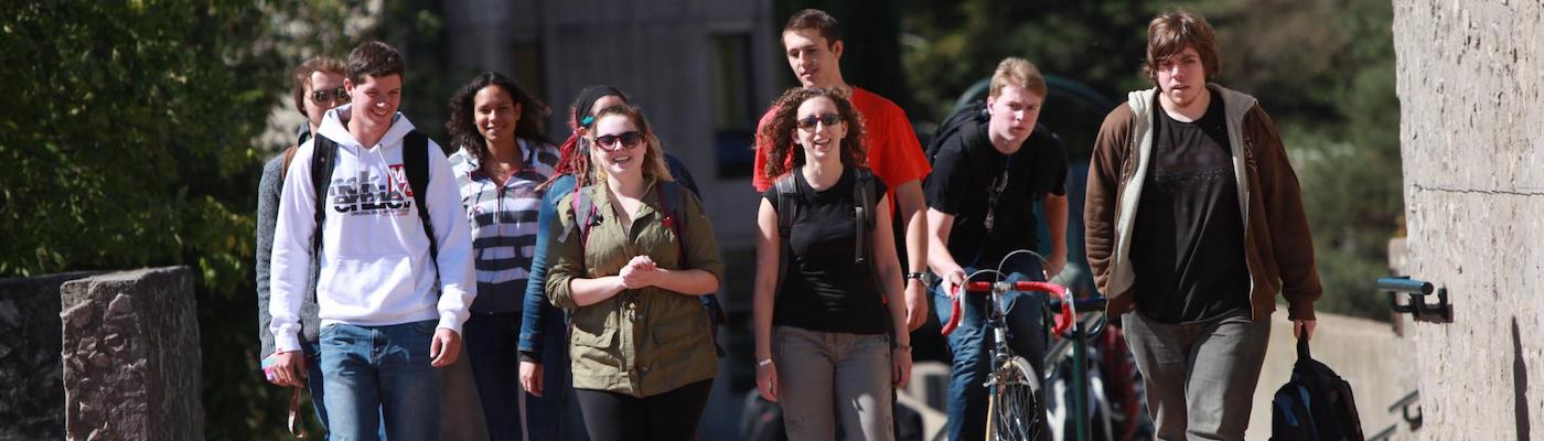 Group of people walking and smiling