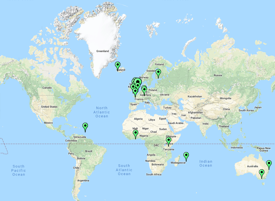 world map with pins for where student's have studied abroad