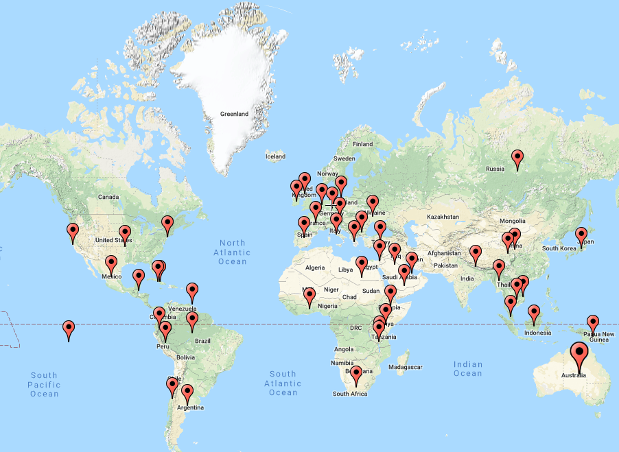 world map showing where Trent faculty have conducted research
