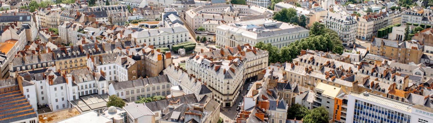 An aerial view of buildings in Nantes, France