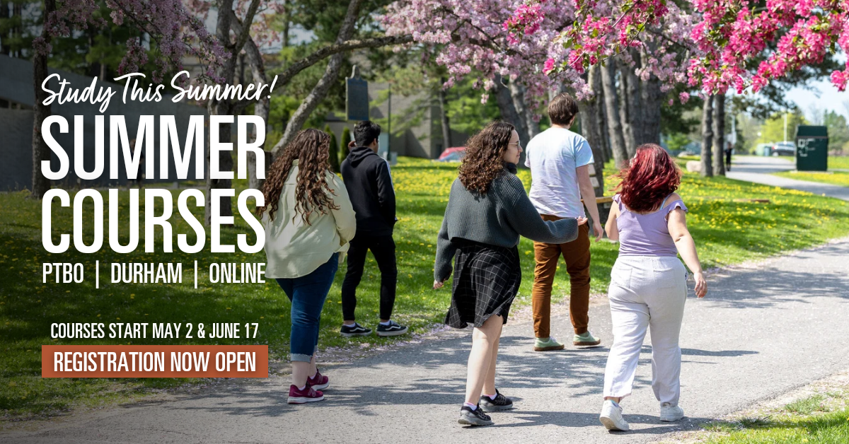 A group of students walking on campus with text that says Study this summer - Summer Courses - Registration now open