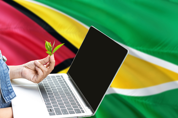 A person holding some leaves in front of a laptop with the Guyanese flag in the background. 