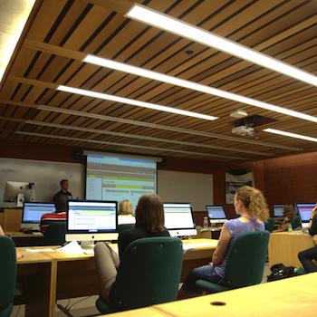A classroom in Bata Library with an instructor leading students on computers