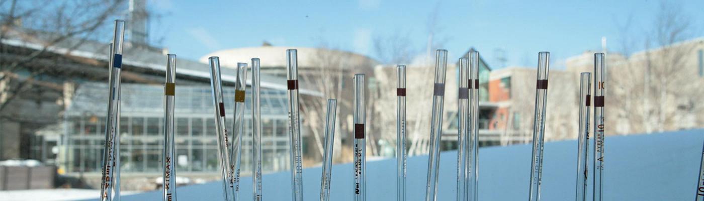 Pipettes standing up against a window with a snow-covered east bank in the background.