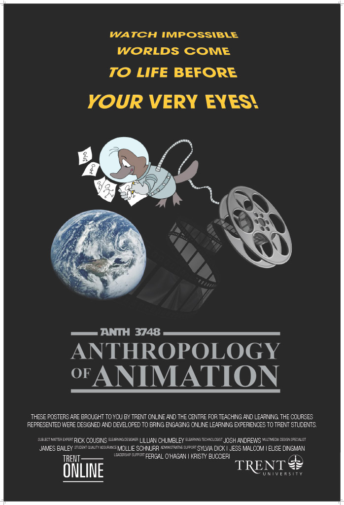 A movie-style poster for ANTH 3748: Anthropology of Animation showing a cartoon figure tethered to a film reel while in outer space.