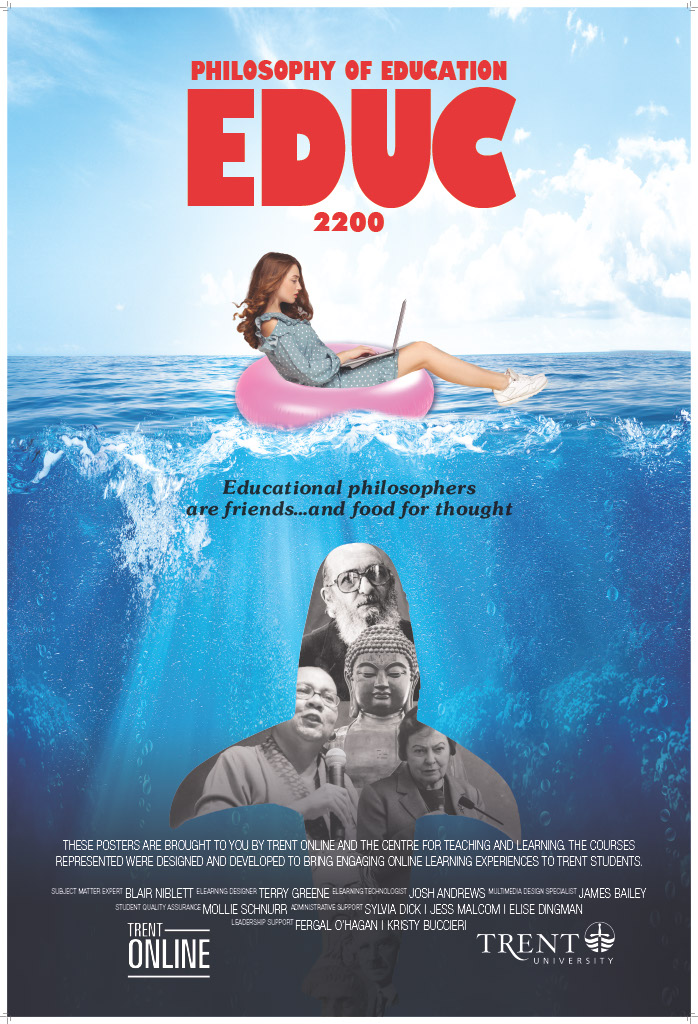 A movie-style poster for EDUC 2200 showing a woman with a laptop in a floating tube with a shark rising up from the beneath. The shark image is made up of photos of philosophers